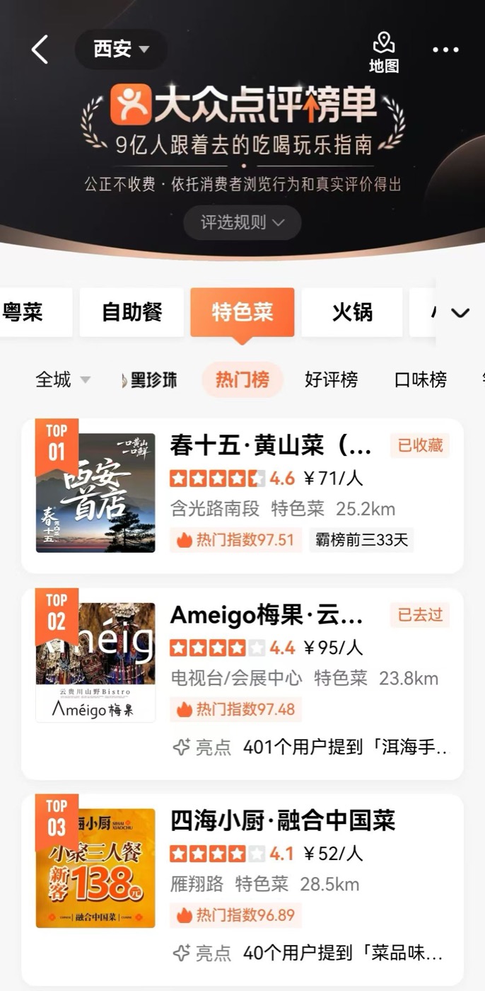 大众点评榜单截图
