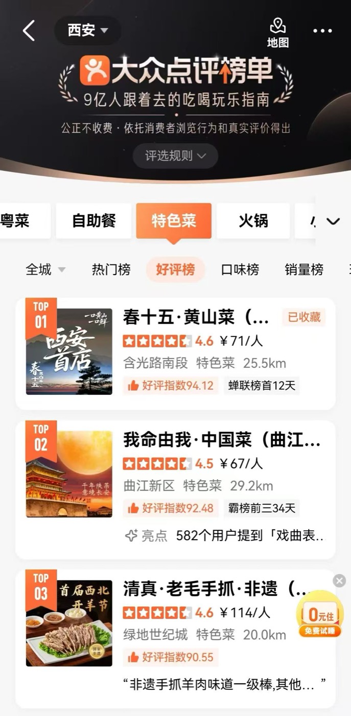 大众点评榜单截图